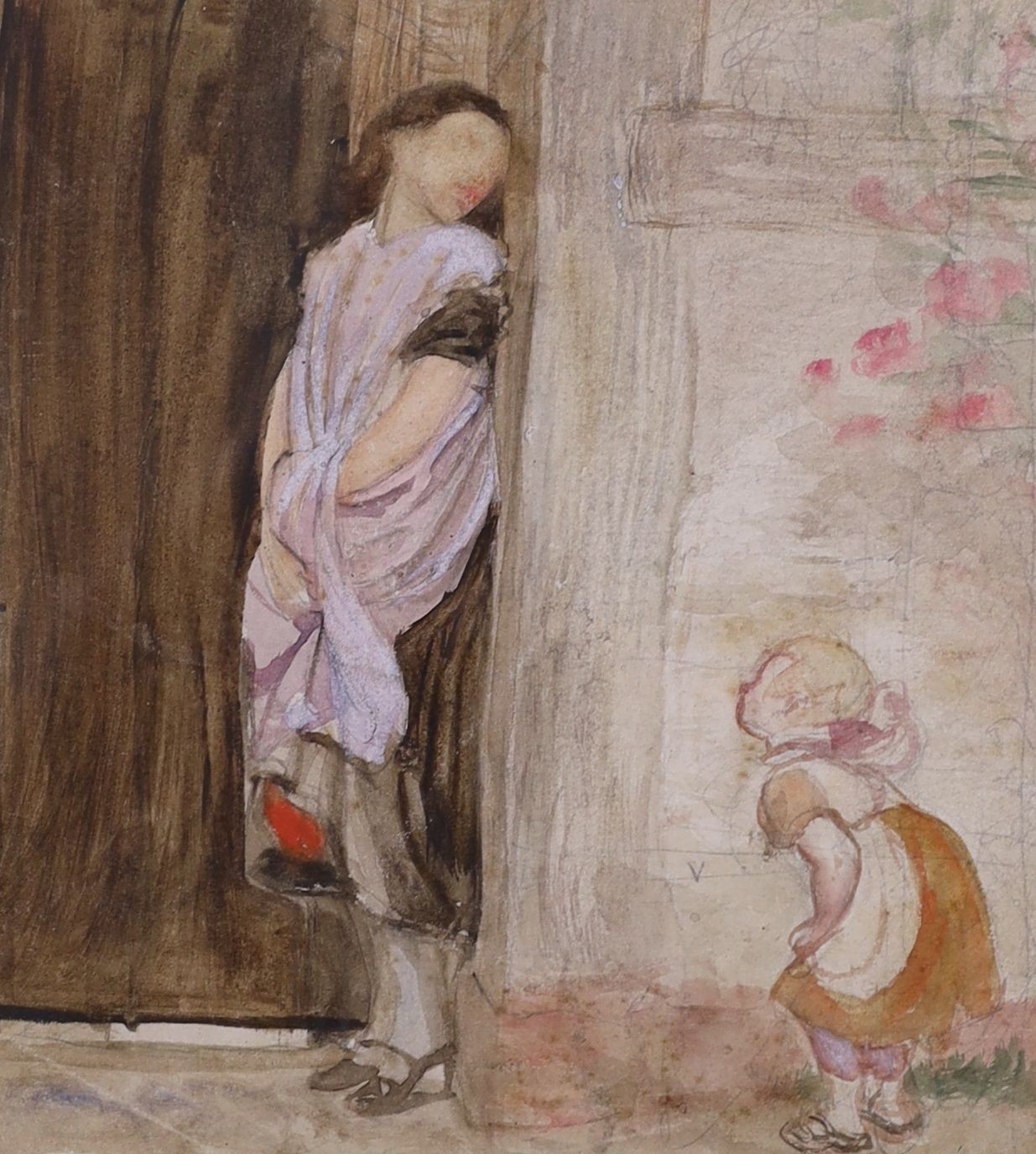 George John Pinwell, R.W.S. (1842-1875) - pencil and watercolour, Sketch of a mother and child beside a doorway, 18 x 17cm